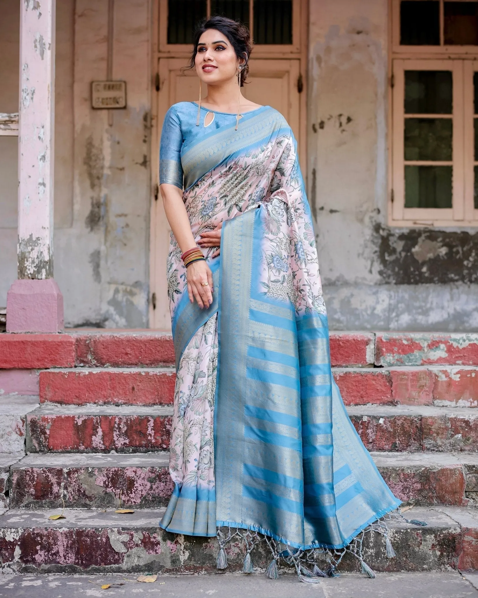 Elegant Floral Banarasi Silk Saree in Sky Blue and Blush Pink with Zari Weave and Tassels