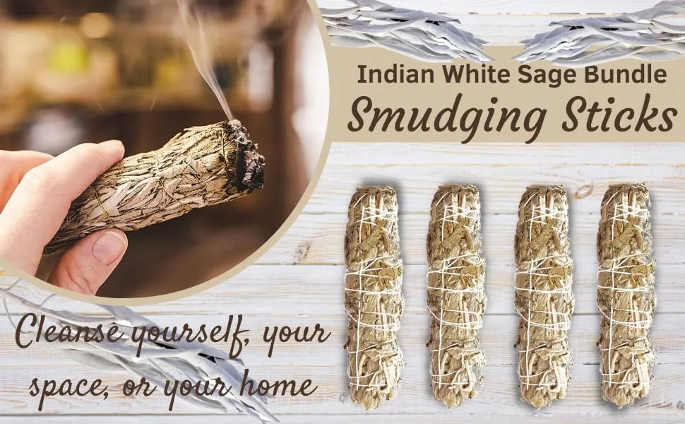 Natraj Creations Indian White Sage 4 Bundle Smudging sage Sticks for Cleansing Home Smudge Rituals (6 Inches, 25-30 Grams Each) Incense Sticks for Removing Negativity,Spiritual Healing,Improves Sleep