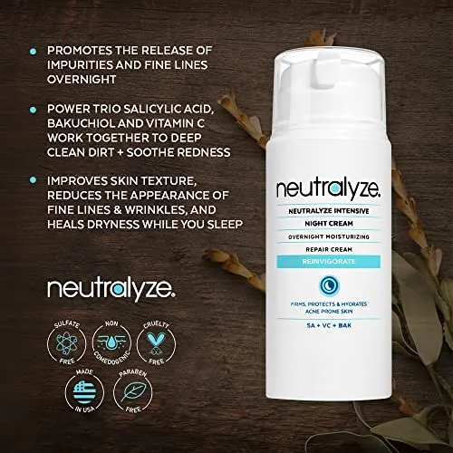 Neutralyze Intensive Night Cream for Face - Medical Grade Bakuchiol, Vitamin C & 2% Salicylic Acid Moisturizer Lotion - Maximum Strength Anti Aging & Anti Acne Moisturizer Cream for Women (90  Day)