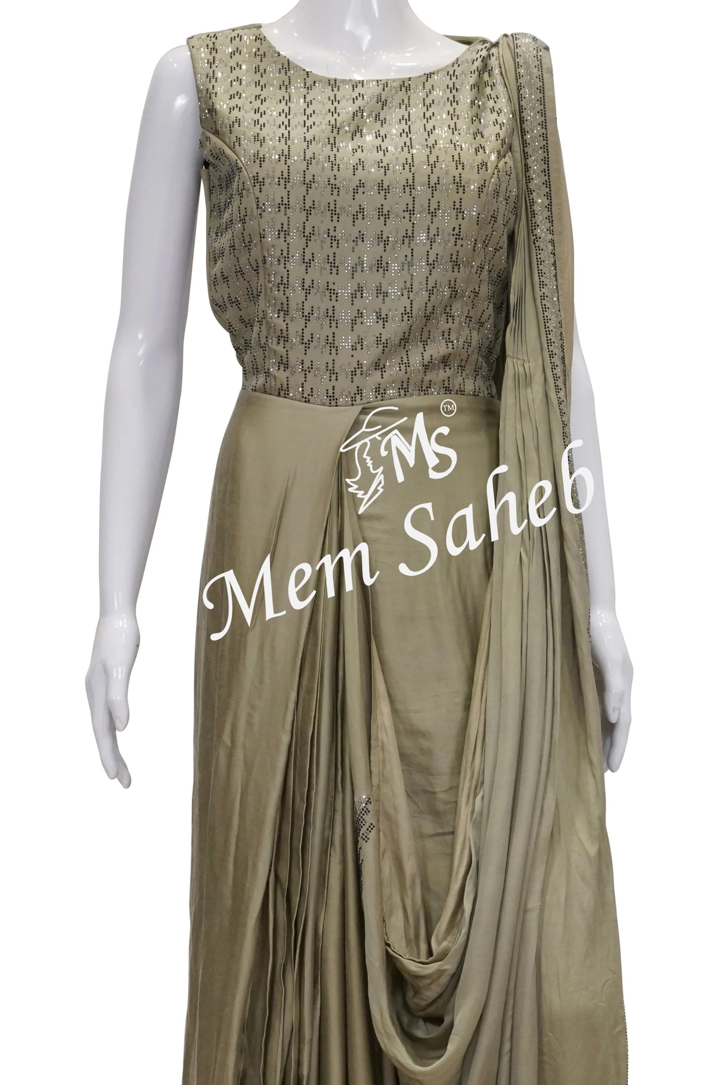 Olive Green Georgette Floor Length Anarkali with Swarovski Stone Work with Attach Dupatta