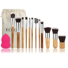 RUIMIO 12PCS Makeup Brush Set Professional Bamboo Handle Foundation Blending Blush Eye Face Liquid Powder Cream Cosmetics Brushes & 1 Rose Red Makeup Sponge